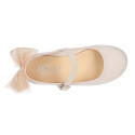 Linen cotton canvas little Mary Jane shoes with tulle bow.