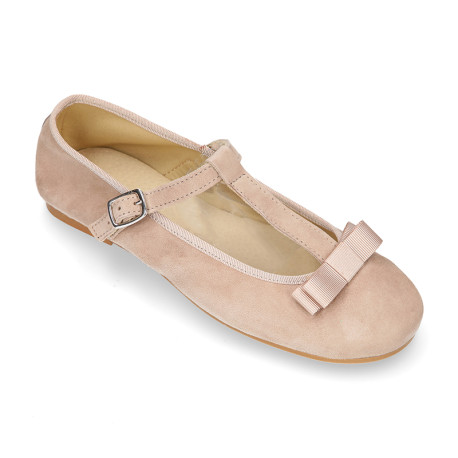 T-strap little Mary Jane shoes with bow in Soft suede leather.