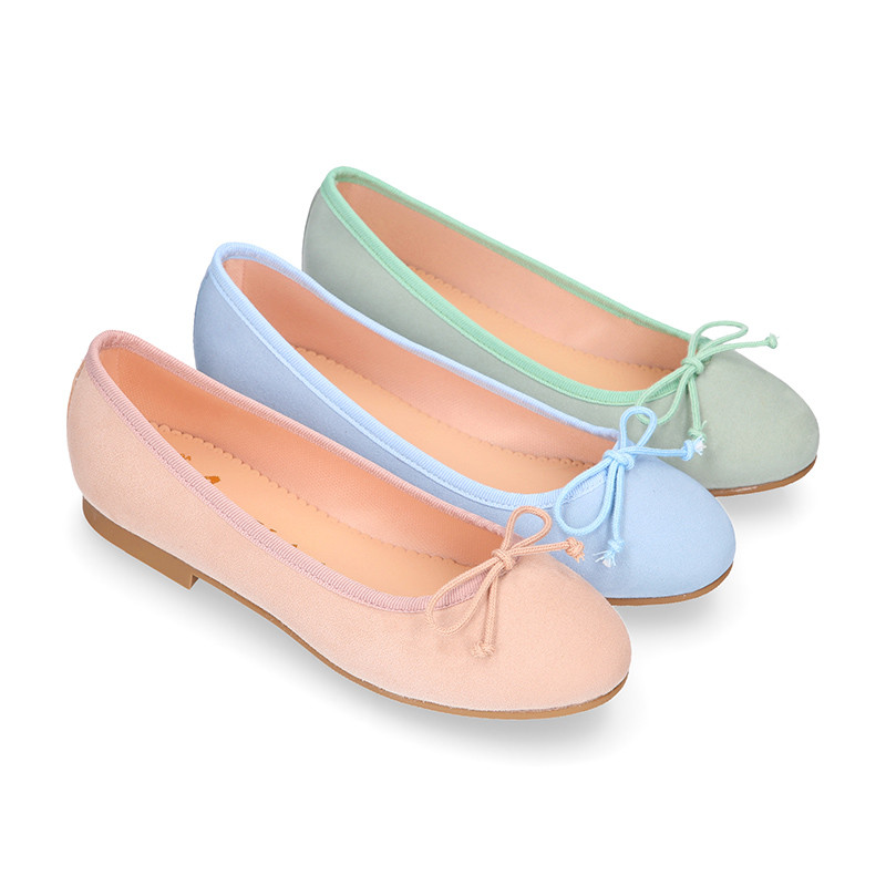 Soft suede leather classic girl ballet flats with adjustable ribbon in pastel colors. R037 OkaaSpain