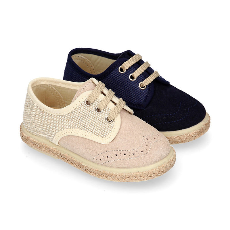 Linen canvas combined with suede leather Oxford style espadrille shoes in natural color. VP093 OkaaSpain