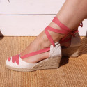 Cotton canvas wedge woman espadrilles shoes Valenciana style with three ribbons design in MAKE UP PINK.