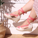 Cotton canvas wedge woman espadrilles shoes Valenciana style with three ribbons design in MAKE UP PINK.