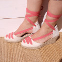 Cotton canvas wedge woman espadrilles shoes Valenciana style with three ribbons design in MAKE UP PINK.