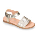 Gold nappa leather girl sandal shoes with braided engraved design.