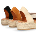 Suede leather woman wedge sandals espadrille shoes with elastic bands.