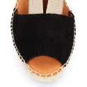 Suede leather woman wedge sandals espadrille shoes with elastic bands.