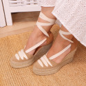 Suede leather wedge woman espadrilles shoes with ribbons closure.