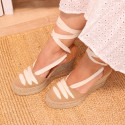 Suede leather wedge woman espadrilles shoes with ribbons closure.