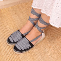 BLACK Cotton Canvas Girl espadrille shoes with VICHY ties closure design.