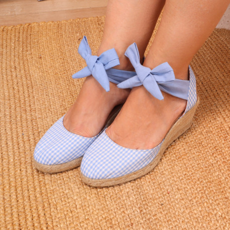 Wedge women sandal espadrille shoes in VICHY canvas with BOW.