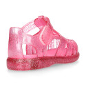 Classic Kids jelly shoes for Beach and Pool use in gloss GLITTER colors with hook and loop strap closure.