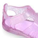 Classic Kids jelly shoes for Beach and Pool use in gloss GLITTER colors with hook and loop strap closure.