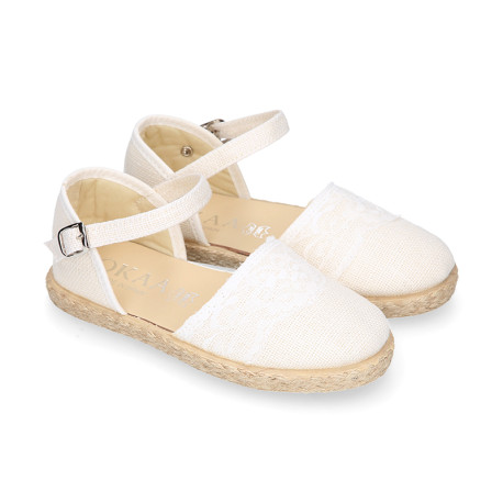 White Linen canvas girl espadrille shoes for CEREMONIES with lace design.