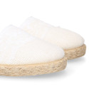 White Linen canvas girl espadrille shoes for CEREMONIES with lace design.