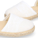 White Linen canvas girl espadrille shoes for CEREMONIES with lace design.