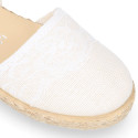 White Linen canvas girl espadrille shoes for CEREMONIES with lace design.