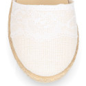 White Linen canvas girl espadrille shoes for CEREMONIES with lace design.