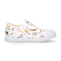 Cotton canvas Kids T-Strap shoes laceless with JUNGLE design.