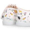 Cotton canvas Kids T-Strap shoes laceless with JUNGLE design.