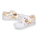 Cotton canvas Kids T-Strap shoes laceless with JUNGLE design.