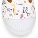 Cotton canvas Kids T-Strap shoes laceless with JUNGLE design.