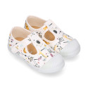 Cotton canvas Kids T-Strap shoes laceless with JUNGLE design.