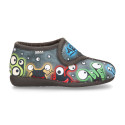 Wool cotton kids Home shoes with Monsters design and hook and loop strap closure.