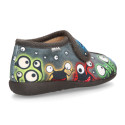 Wool cotton kids Home shoes with Monsters design and hook and loop strap closure.