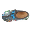 Wool cotton kids Home shoes with Monsters design and hook and loop strap closure.