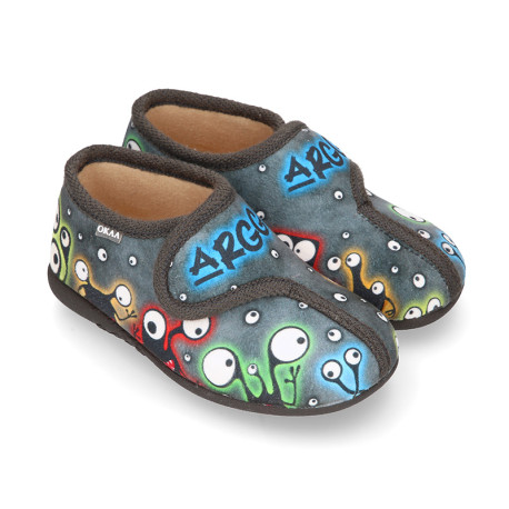 Wool cotton kids Home shoes with Monsters design and hook and loop strap closure.